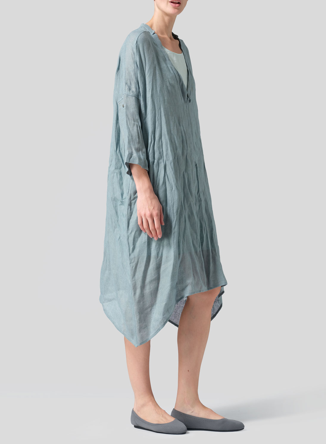 Woven Linen Roll Sleeve Deep V-neck Tunic