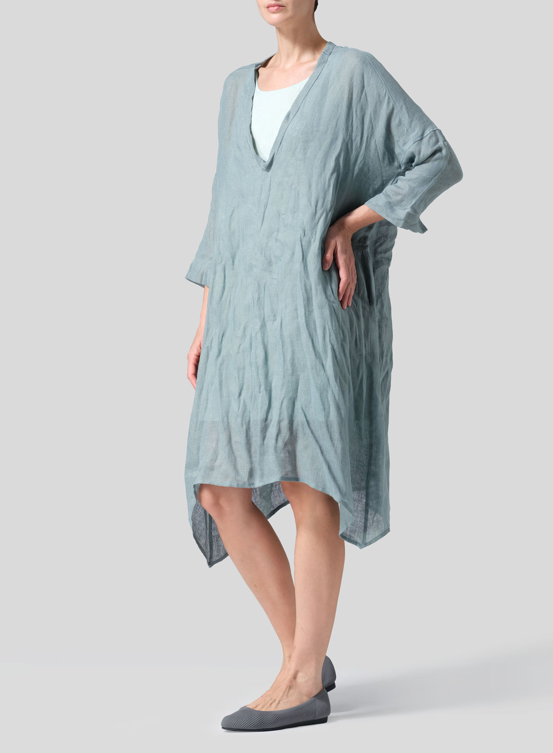 Woven Linen Roll Sleeve Deep V-neck Tunic