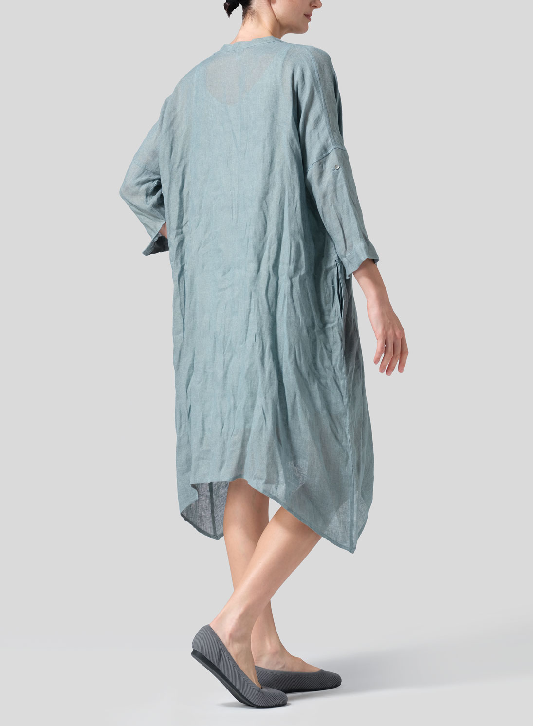Woven Linen Roll Sleeve Deep V-neck Tunic