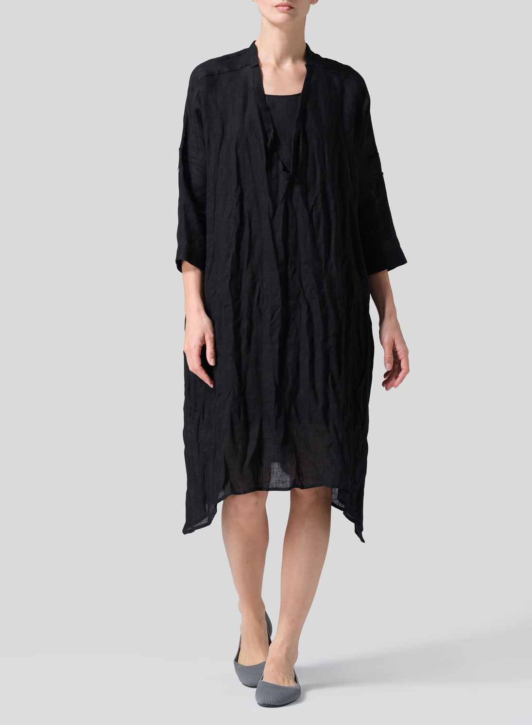 Woven Linen Roll Sleeve Deep V-neck Tunic