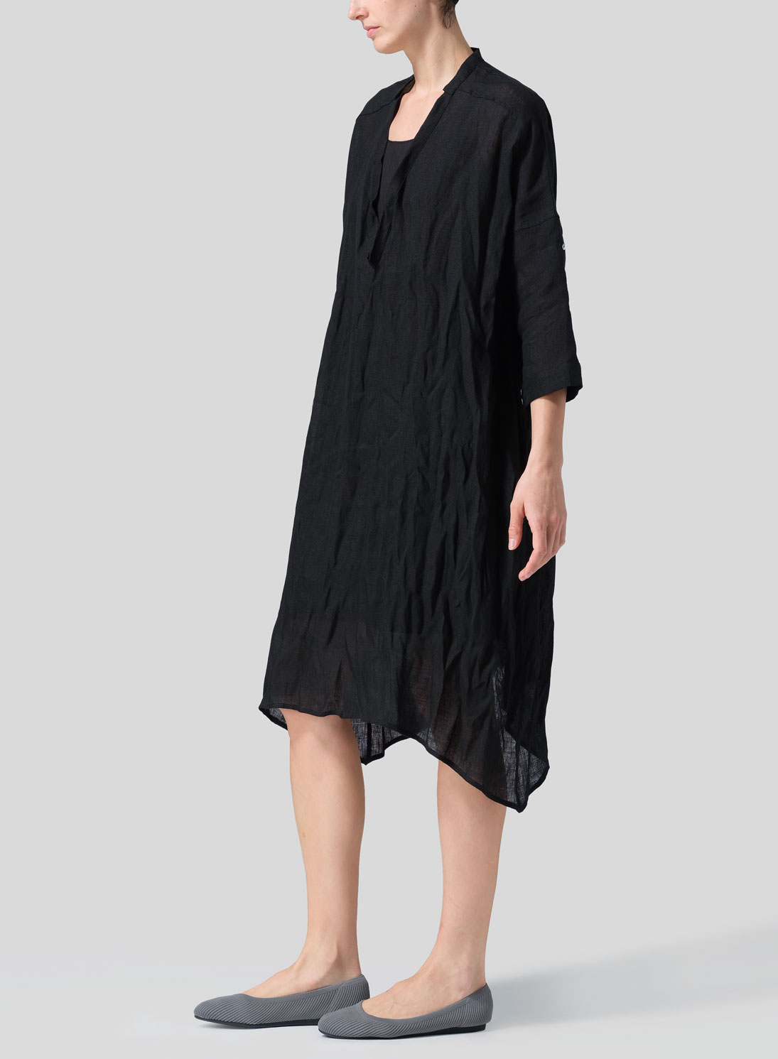 Woven Linen Roll Sleeve Deep V-neck Tunic