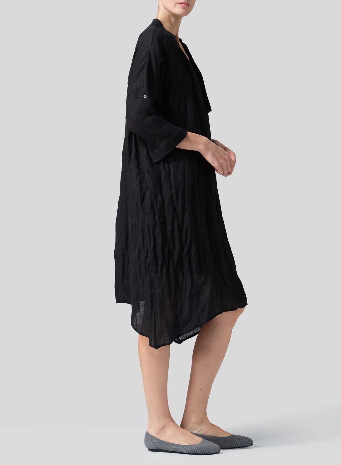 Woven Linen Roll Sleeve Deep V-neck Tunic