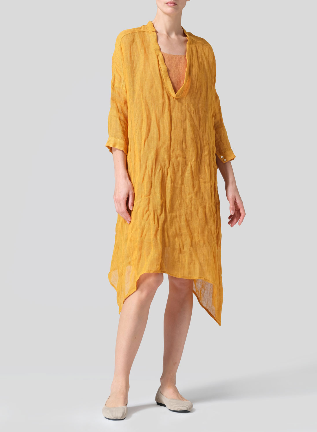 Woven Linen Roll Sleeve Deep V-neck Tunic
