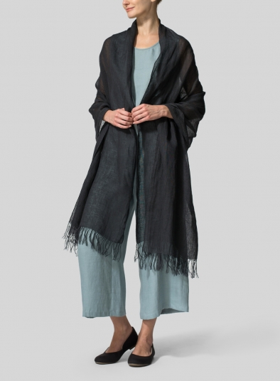 Linen Hand-crafted Dark Charcoal Long Scarf