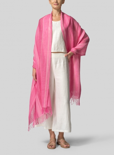 Linen Hand-crafted Pink Stripe Long Scarf