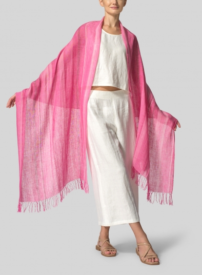 Linen Hand-crafted Pink Stripe Long Scarf