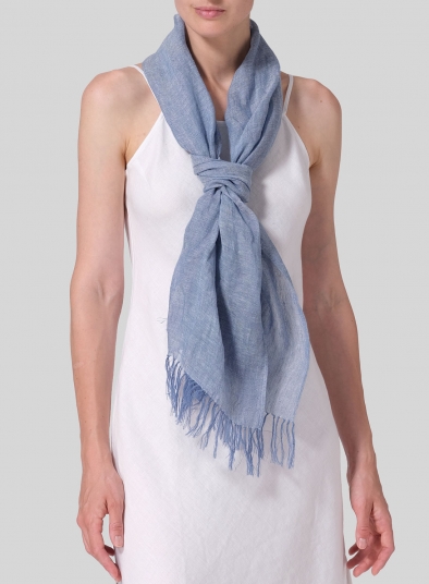 Two Tone Light Blue Linen Hand-crafted Tassel Scarf
