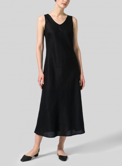 Linen Bias Cut Sleeveless Long Dress