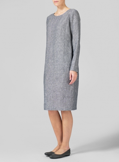 Linen Collarless Mid-Length Dress