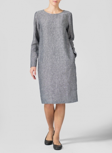 Linen Collarless Mid-Length Dress