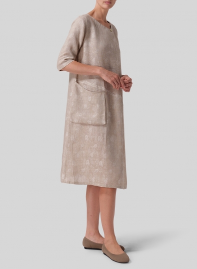 Linen Jacquard Long Center Pleated Dress