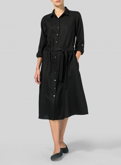 Linen Long-Sleeve Waist-Tie Dress