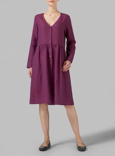 Linen Button Front L/S Dress 