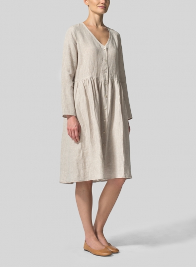 Linen Button Front L/S Dress 