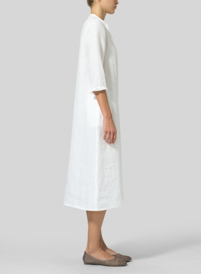 Linen V-neck Mandarin Collar Dress Tunic