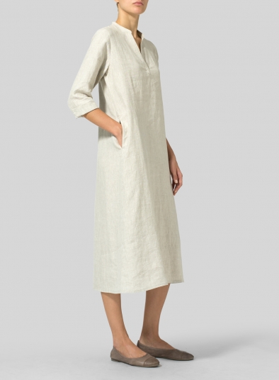 Linen V-neck Mandarin Collar Dress Tunic