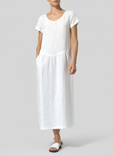White Linen Short Sleeve Midi Dress ...