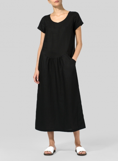Black Linen Short Sleeve Midi Dress