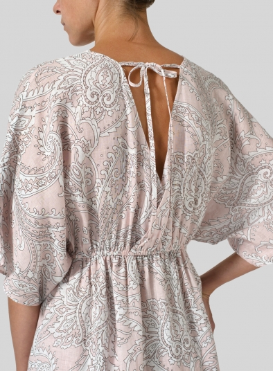 Linen Printed V-Neck Dolman Sleeves Dress