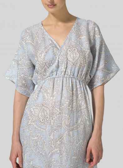Linen Printed V-Neck Dolman Sleeves Dress