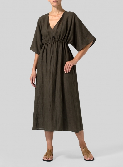 Linen V-Neck Dolman Sleeves Dress