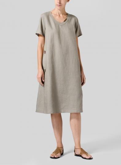 Heavy Linen Short-Sleeve Heart-Neck Dress