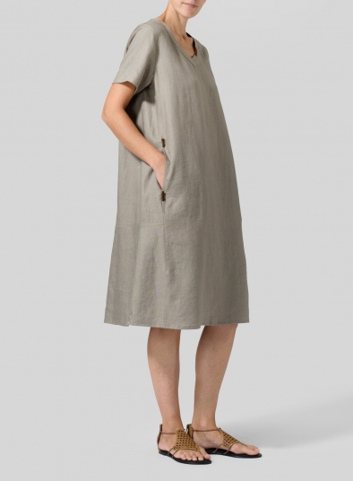 Heavy Linen Short-Sleeve Heart-Neck Dress