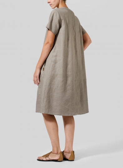 Heavy Linen Short-Sleeve Heart-Neck Dress