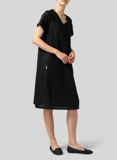 Heavy Linen Short-Sleeve Heart-Neck Dress