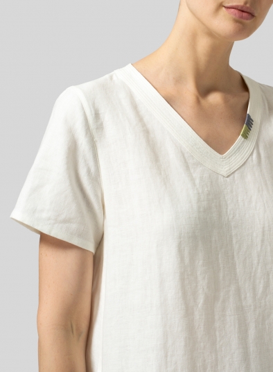 Heavy Linen Short-Sleeve Heart-Neck Dress