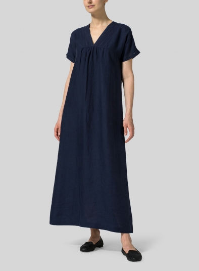 Linen Deep V-Neck Long Dress