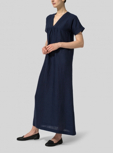 Linen Deep V-Neck Long Dress