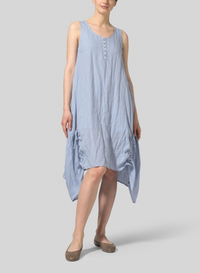 Linen Asymmetrical Hem Sleeveless Dress