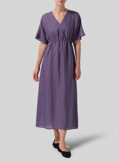 Linen V-Neck Dolman Sleeves Dress