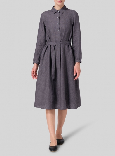 Linen Long-Sleeve Waist-Tie Dress