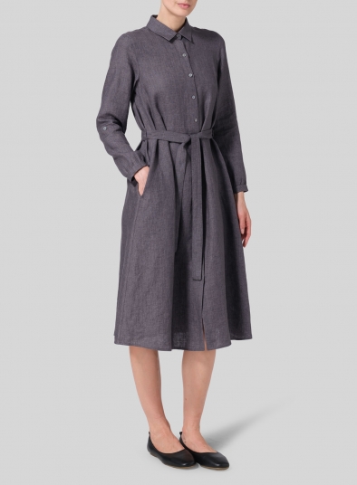 Linen Long-Sleeve Waist-Tie Dress