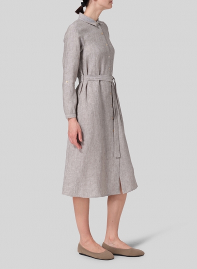 Linen Long-Sleeve Waist-Tie Dress