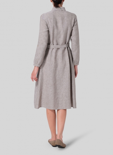 Linen Long-Sleeve Waist-Tie Dress