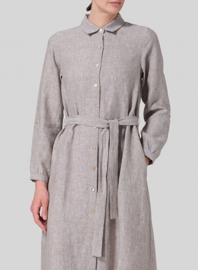 Linen Long-Sleeve Waist-Tie Dress