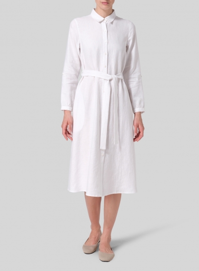 Linen Long-Sleeve Waist-Tie Dress