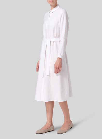 Linen Long-Sleeve Waist-Tie Dress