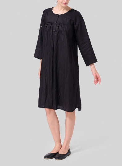 Linen Loose Roll-Tab Sleeve Midi Dress