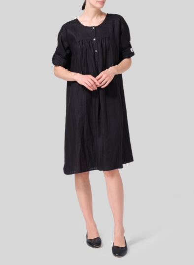 Linen Loose Roll-Tab Sleeve Midi Dress