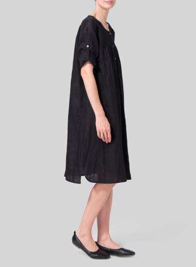 Linen Loose Roll-Tab Sleeve Midi Dress