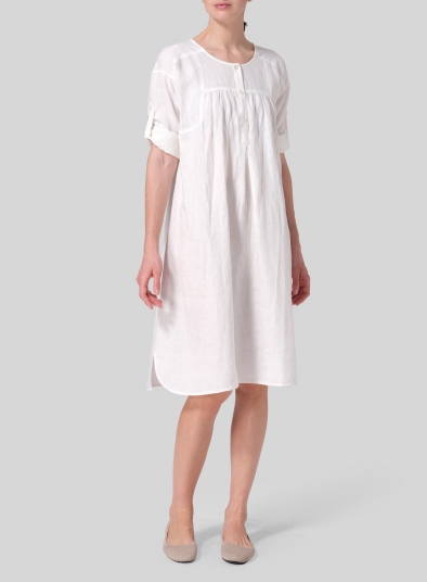 Linen Loose Roll-Tab Sleeve Midi Dress