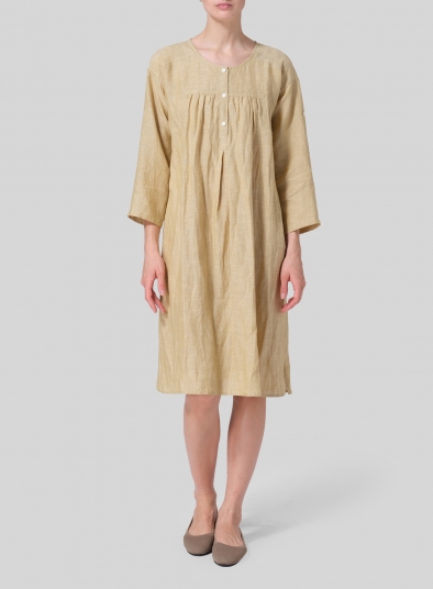 Linen Loose Roll-Tab Sleeve Midi Dress