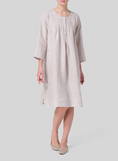 Linen Loose Roll-Tab Sleeve Midi Dress