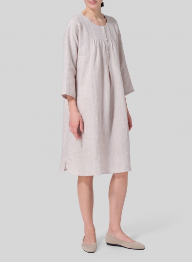 Linen Loose Roll-Tab Sleeve Midi Dress