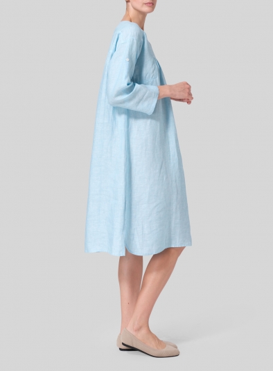 Linen Loose Roll-Tab Sleeve Midi Dress