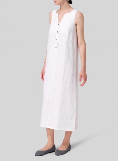 Linen Front Placket Opening Straight Cut Long Dress